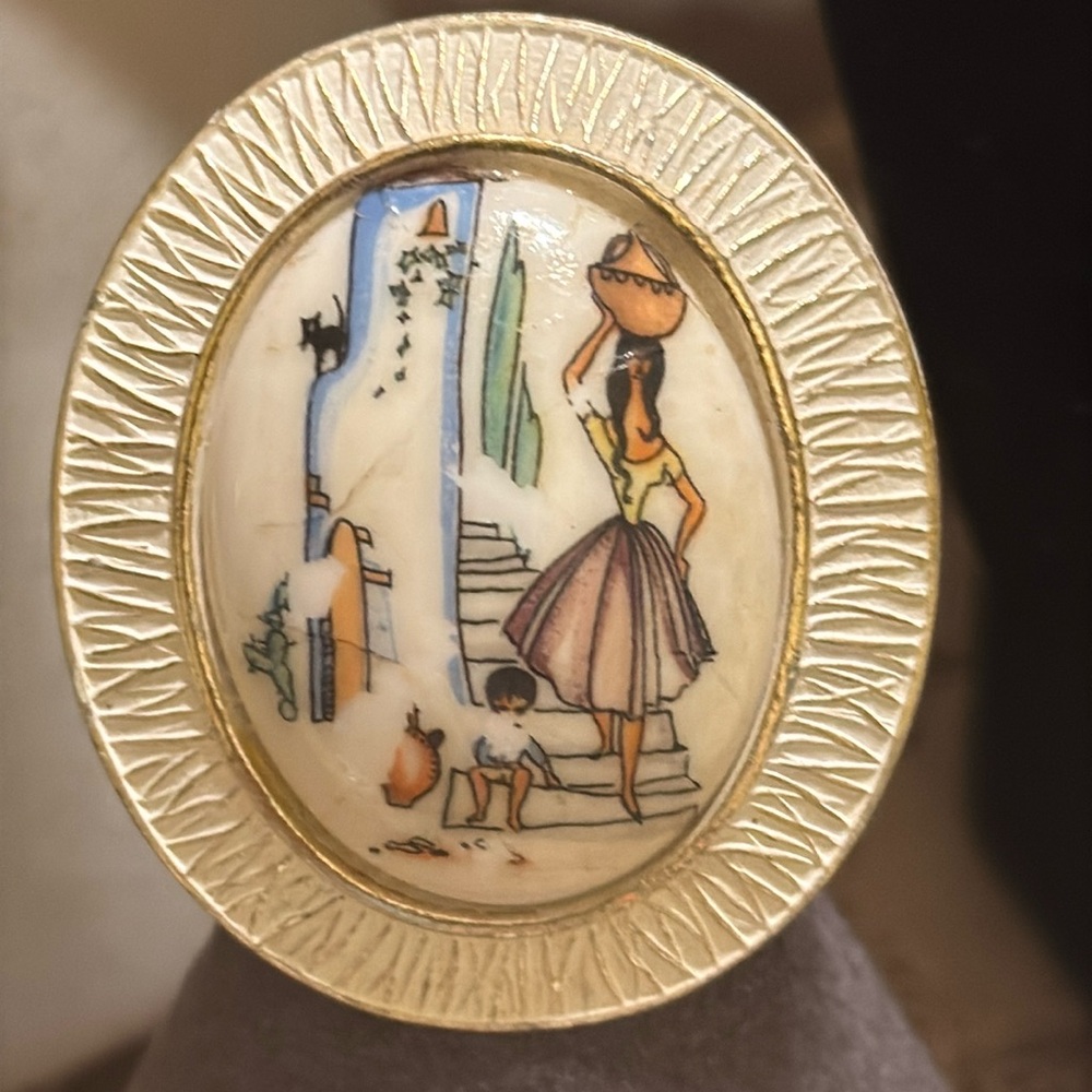 Vintage hand painted Toledo style figural scene oval brooch